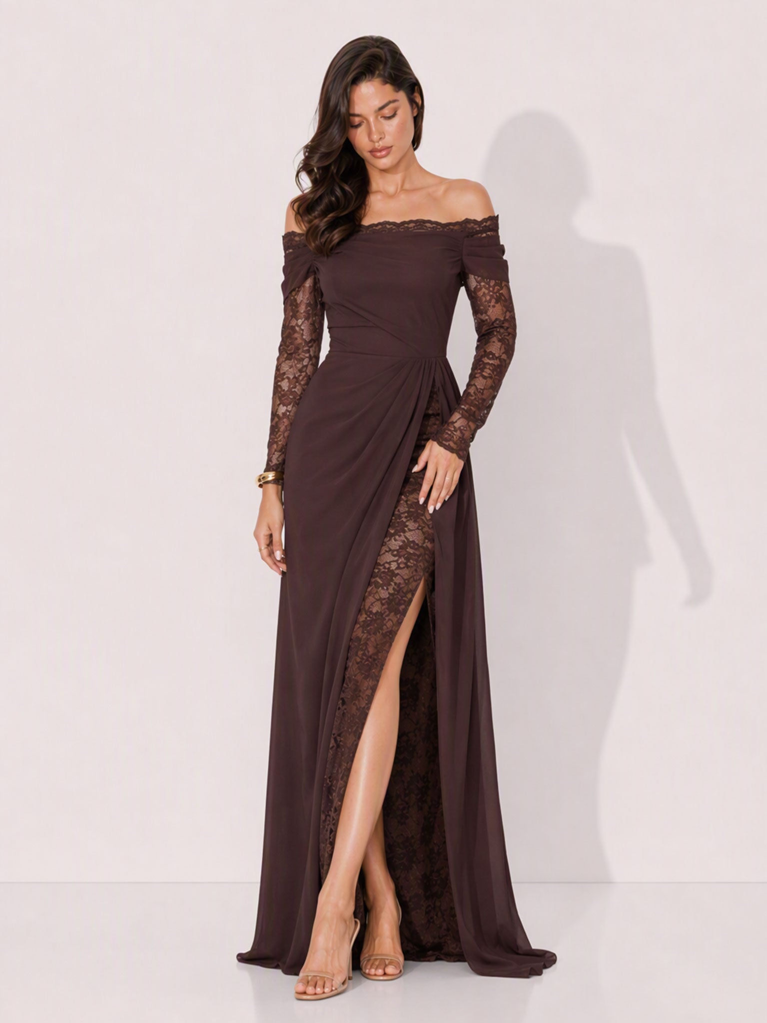 Zephrina Odilia lace sleeve slit maxi dress in coffee