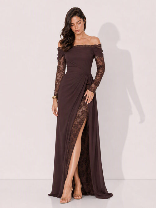 Zephrina Odilia lace sleeve slit maxi dress in coffee