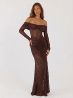 Zephrina Lenora off-shoulder lace maxi dress in brown