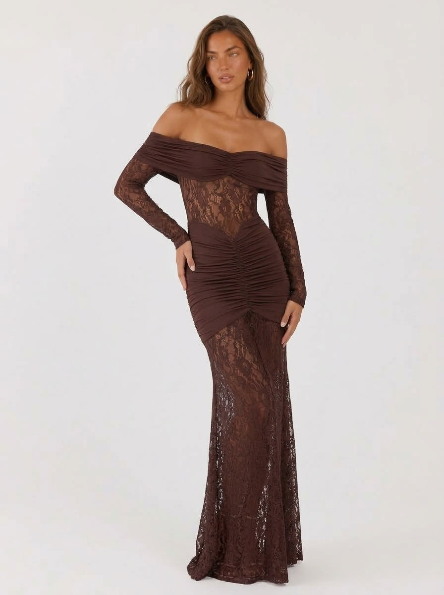 Zephrina Lenora off-shoulder lace maxi dress in brown