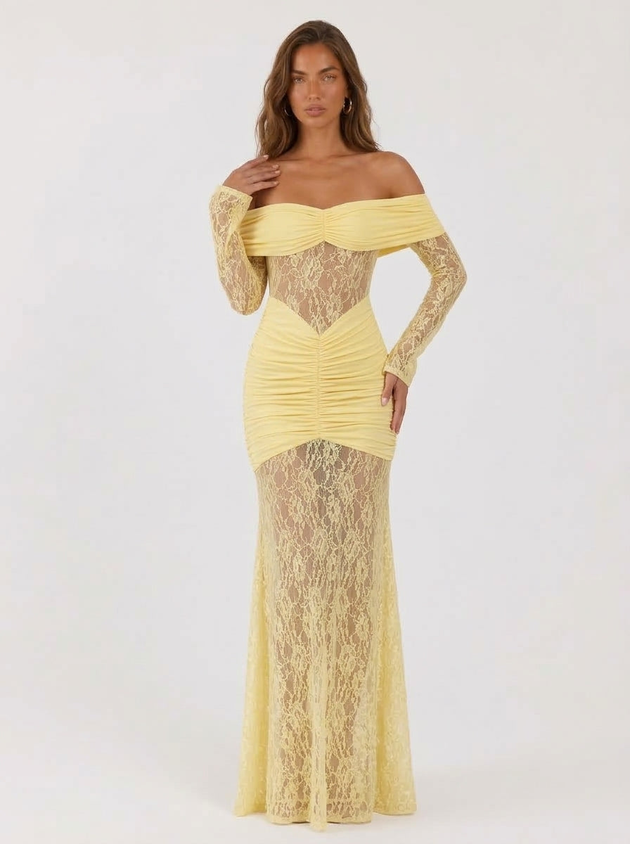 Zephrina Lenora off-shoulder lace maxi dress in brown