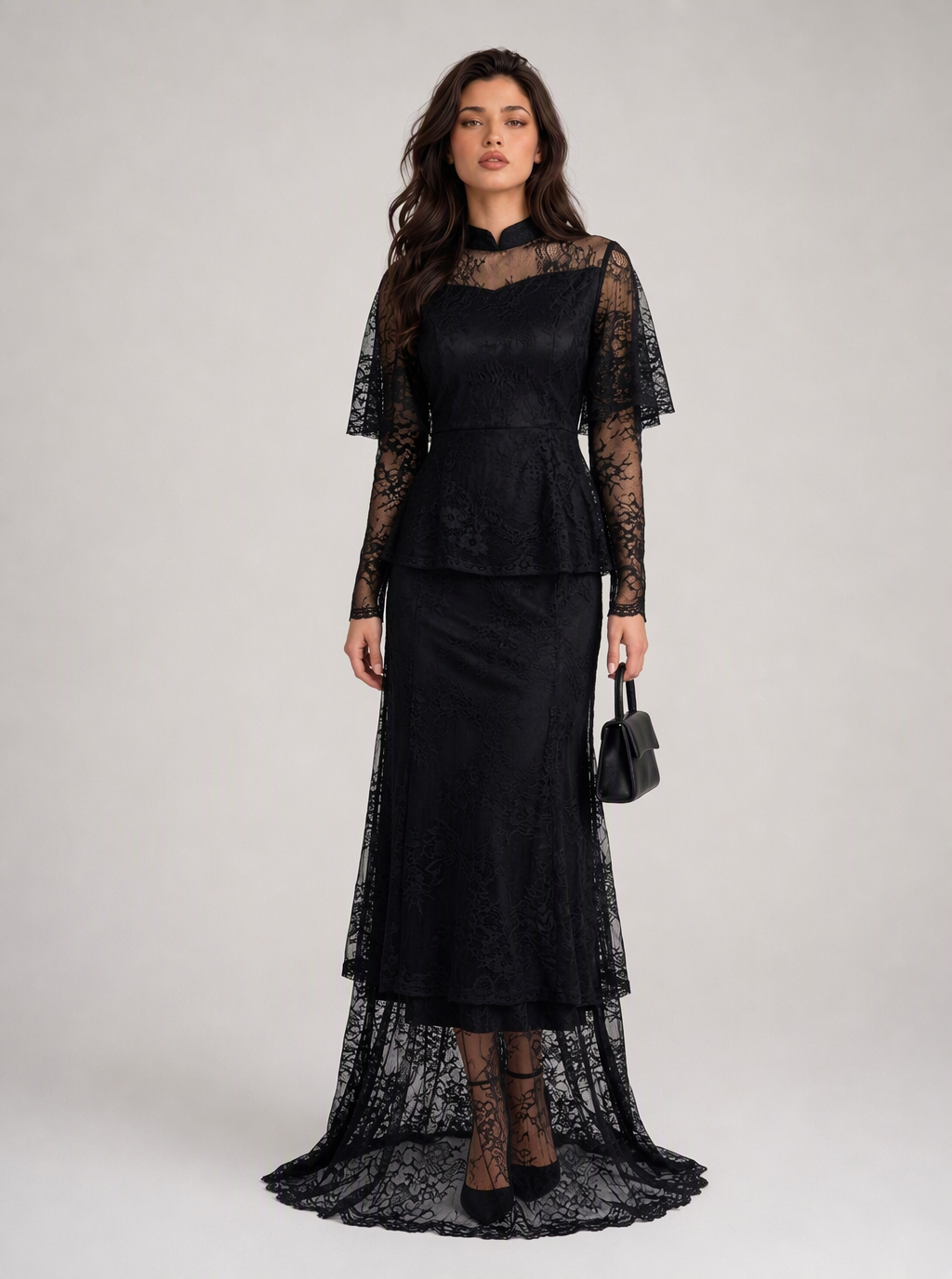Zephrina Helena lace-peplum maxi dress in black