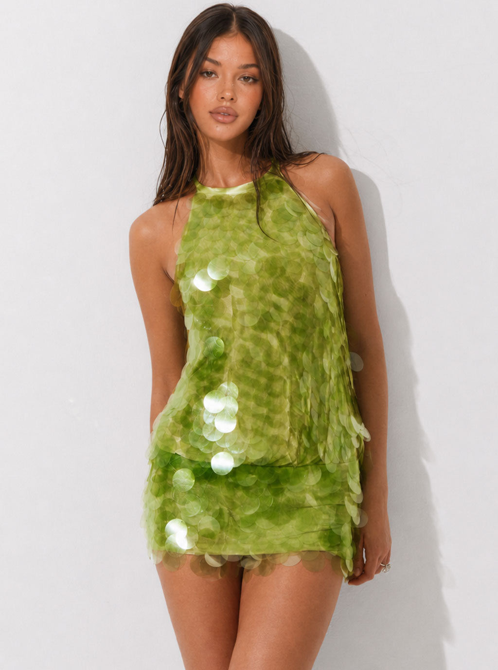 Zephrina Solara paillette sequin mini dress in green