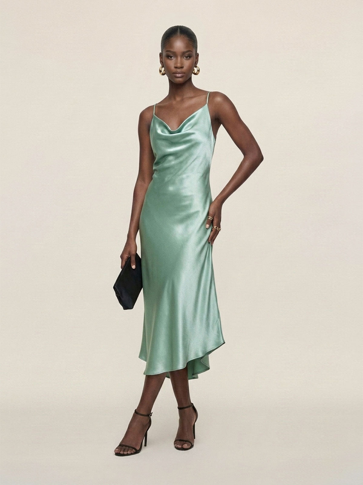 Satin Cowl-Neck Slip Midi Dress