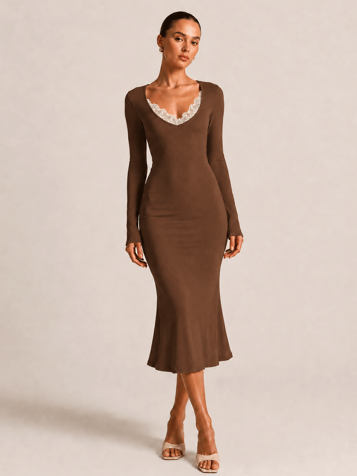 Lace Trim V Neck Long Sleeve Dress