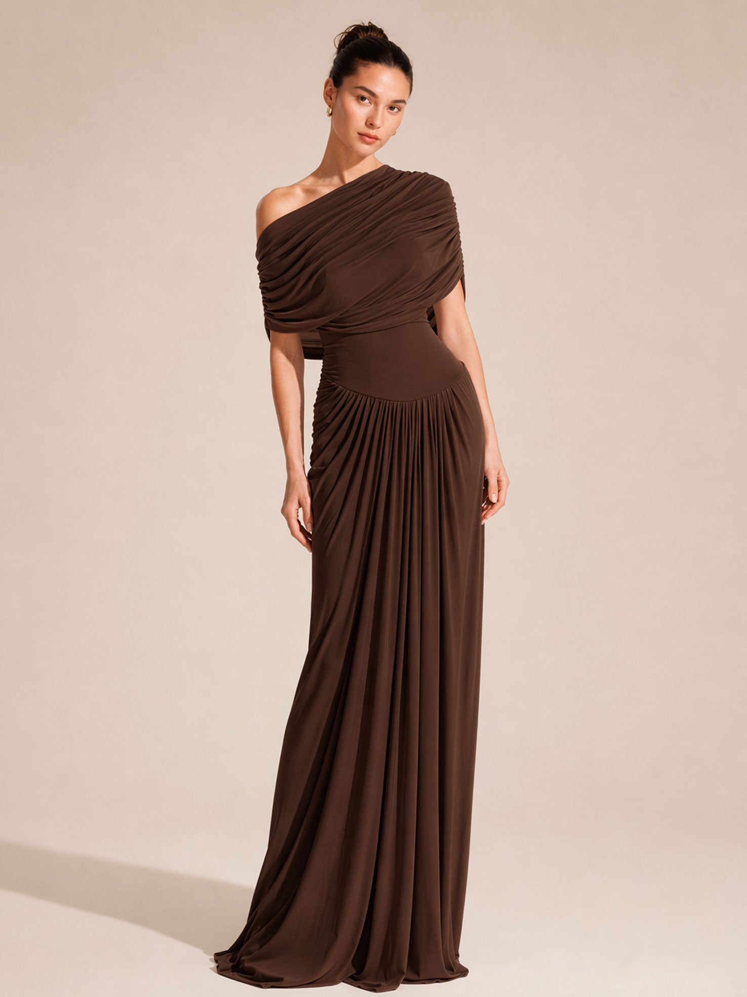 Elegant Draped Shoulder Ruched Maxi Dress