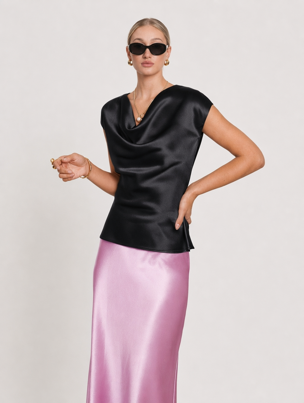 Elegant Acetate Satin Cowl Neck Top + Maxi Skirt Set