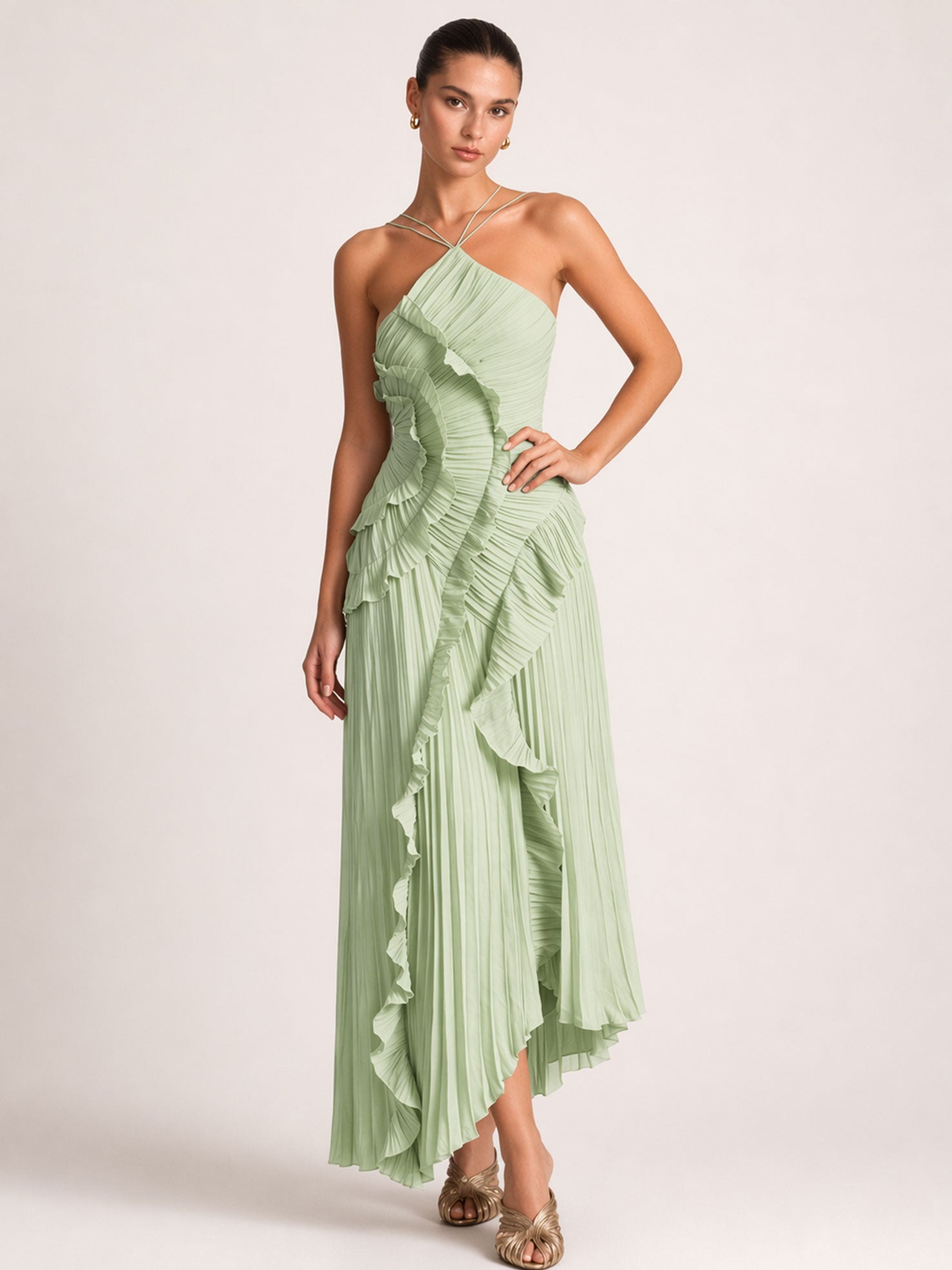 Pleated Halter  Ruffle Details Midi Dress