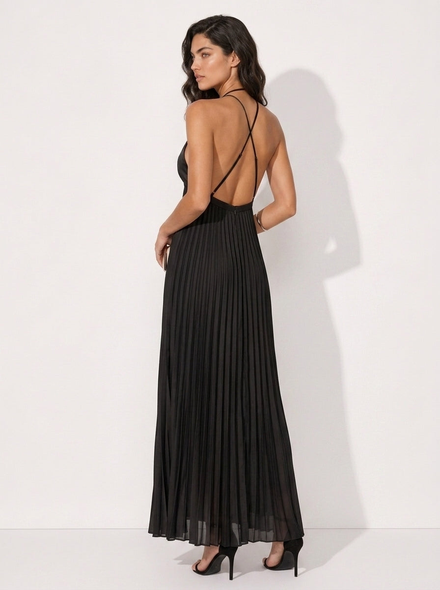 Zephrina Sabine pleated halter maxi dress in black
