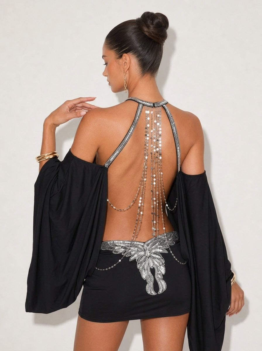 Zephrina butterfly sequin mini dress in coffee