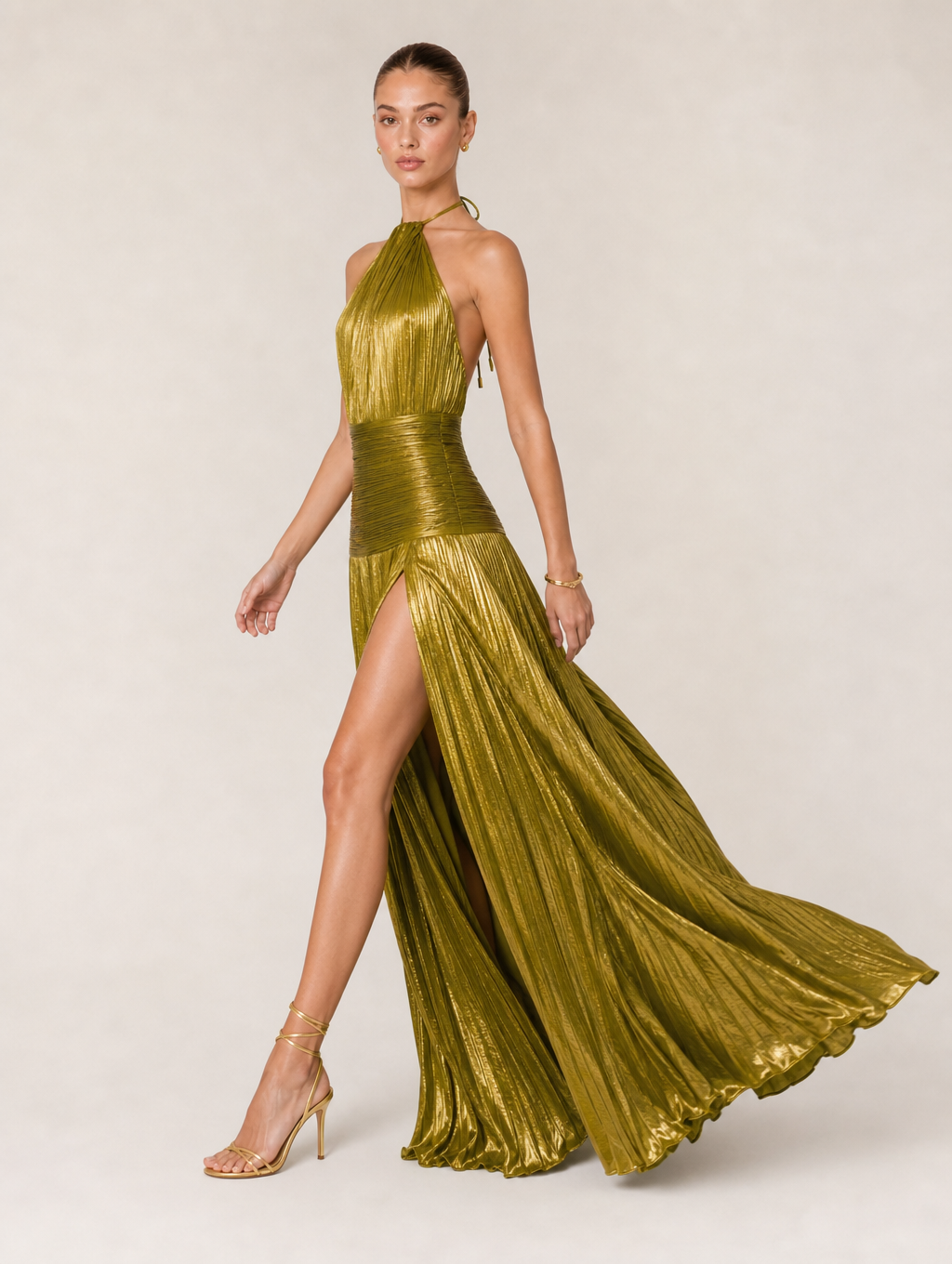 Metallic Olive Gold Pleated Halter Maxi Gown