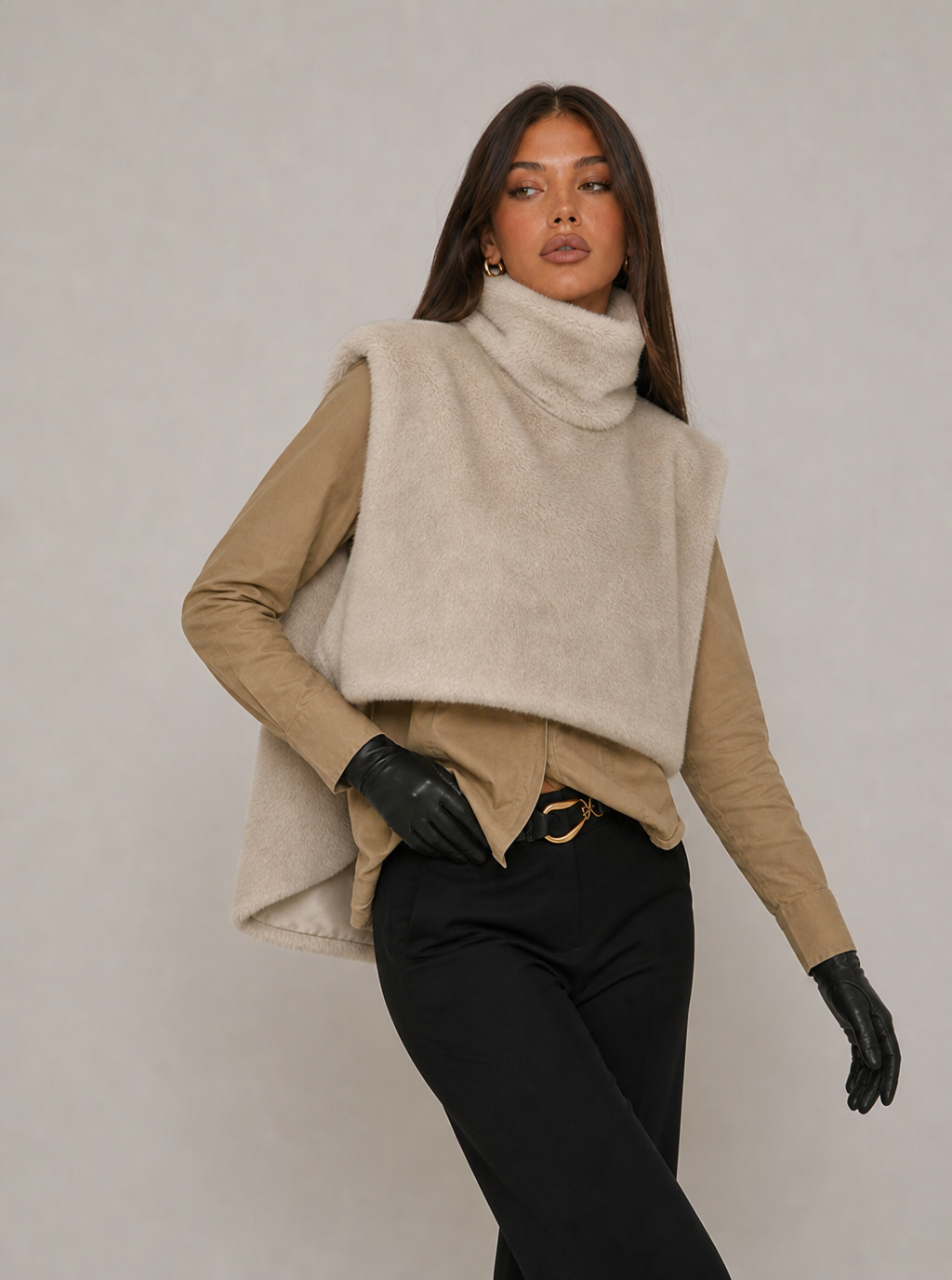 Zephrina Lilibet sleeveless faux fur coat in coffee high-low