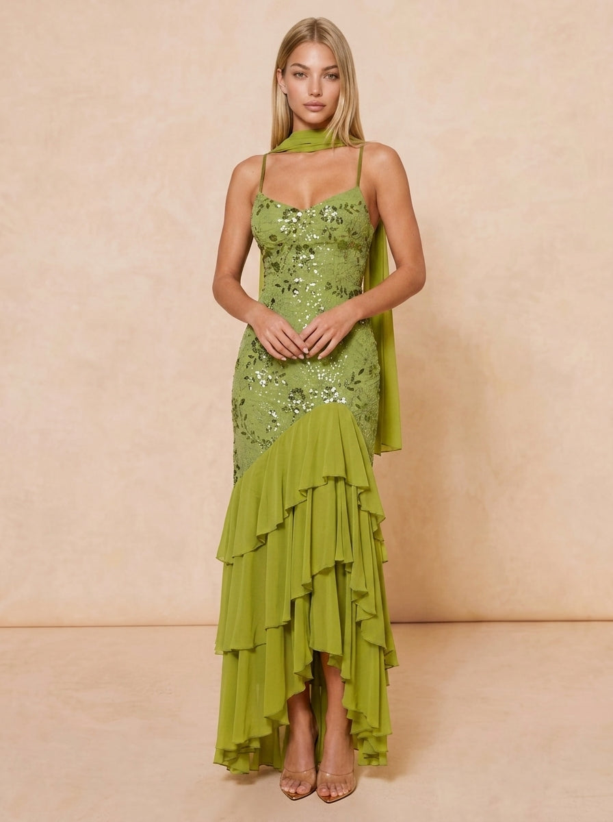 Zephrina Aurette sequin ruffle maxi dress in green