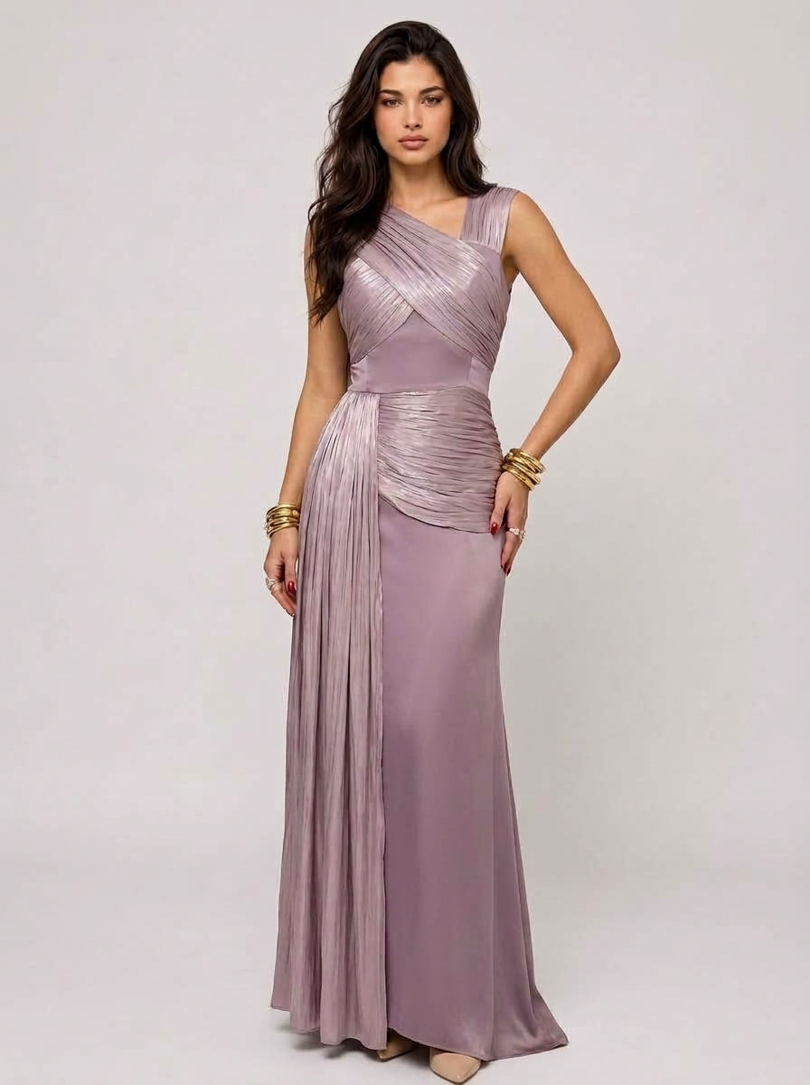 Zephrina Serenelle pleated satin maxi dress in dusty purple