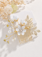 Zephrina floral pearl hair jewelry set with gold-tone leaves