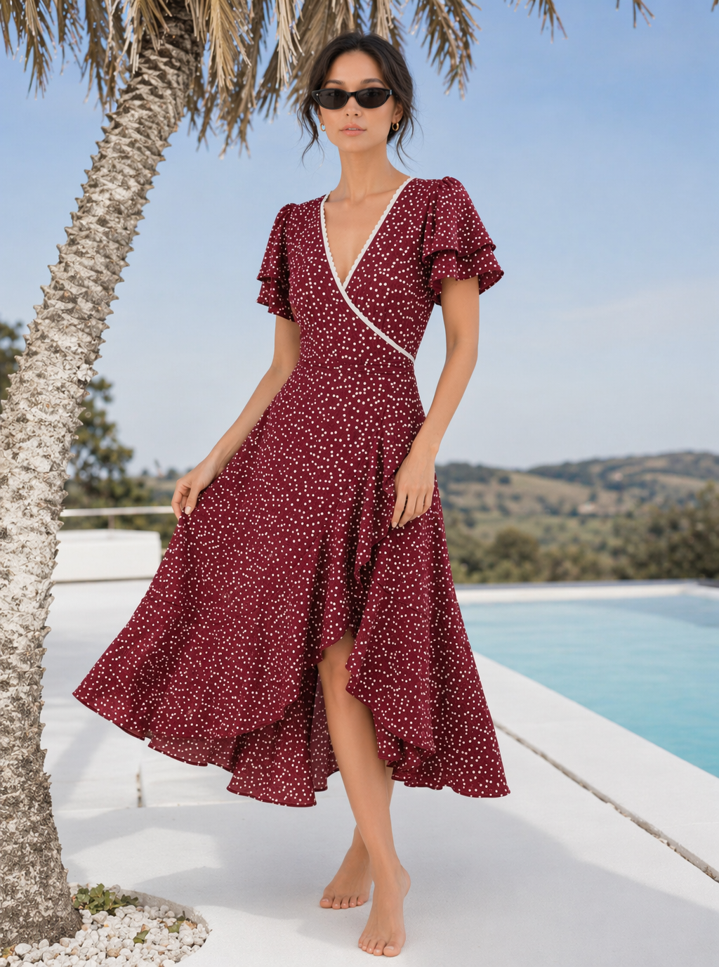 Zephrina Fiora polka dot ruffle midi dress in green