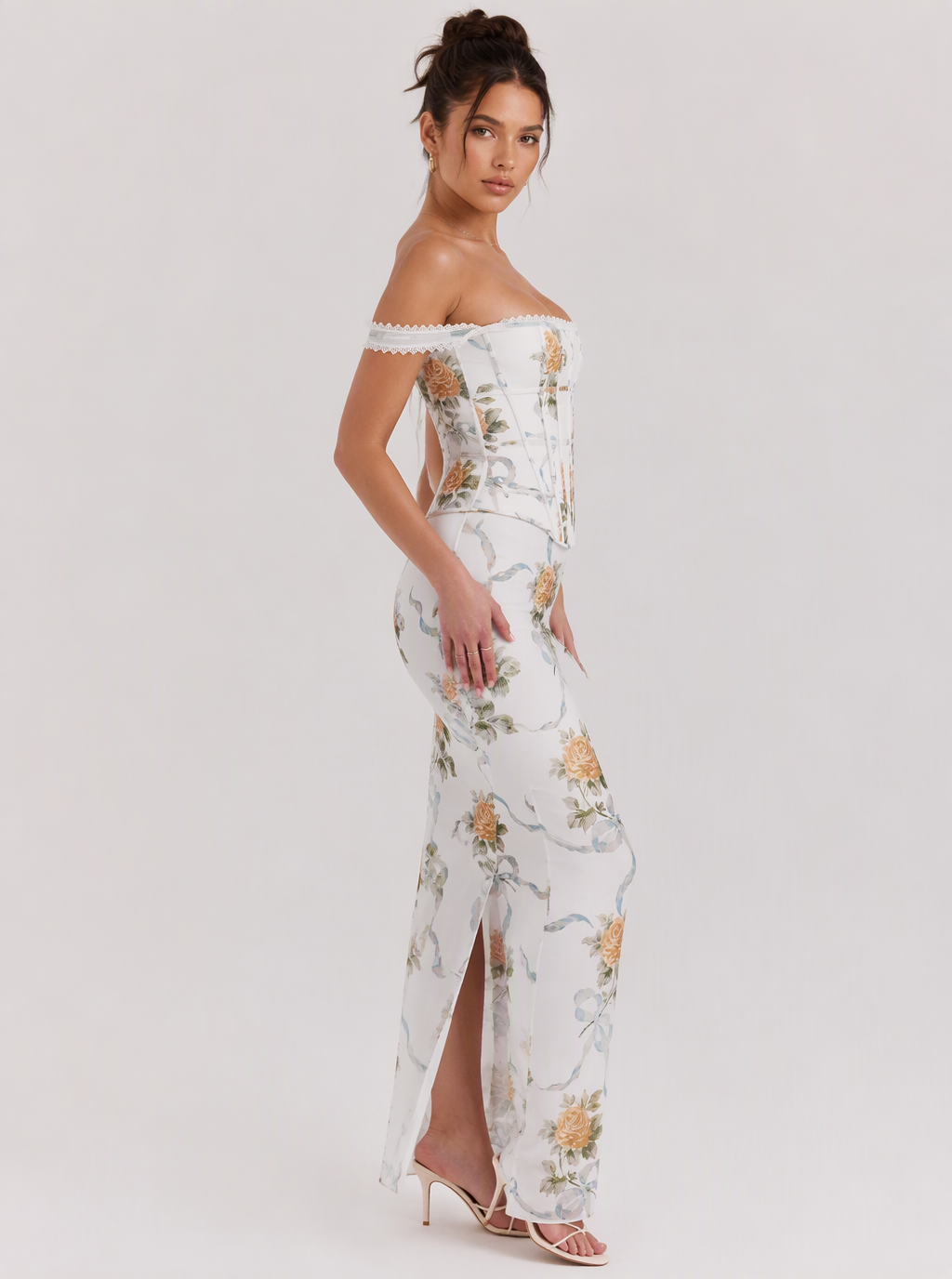 Zephrina Eglantine off-shoulder floral maxi dress in white floral print