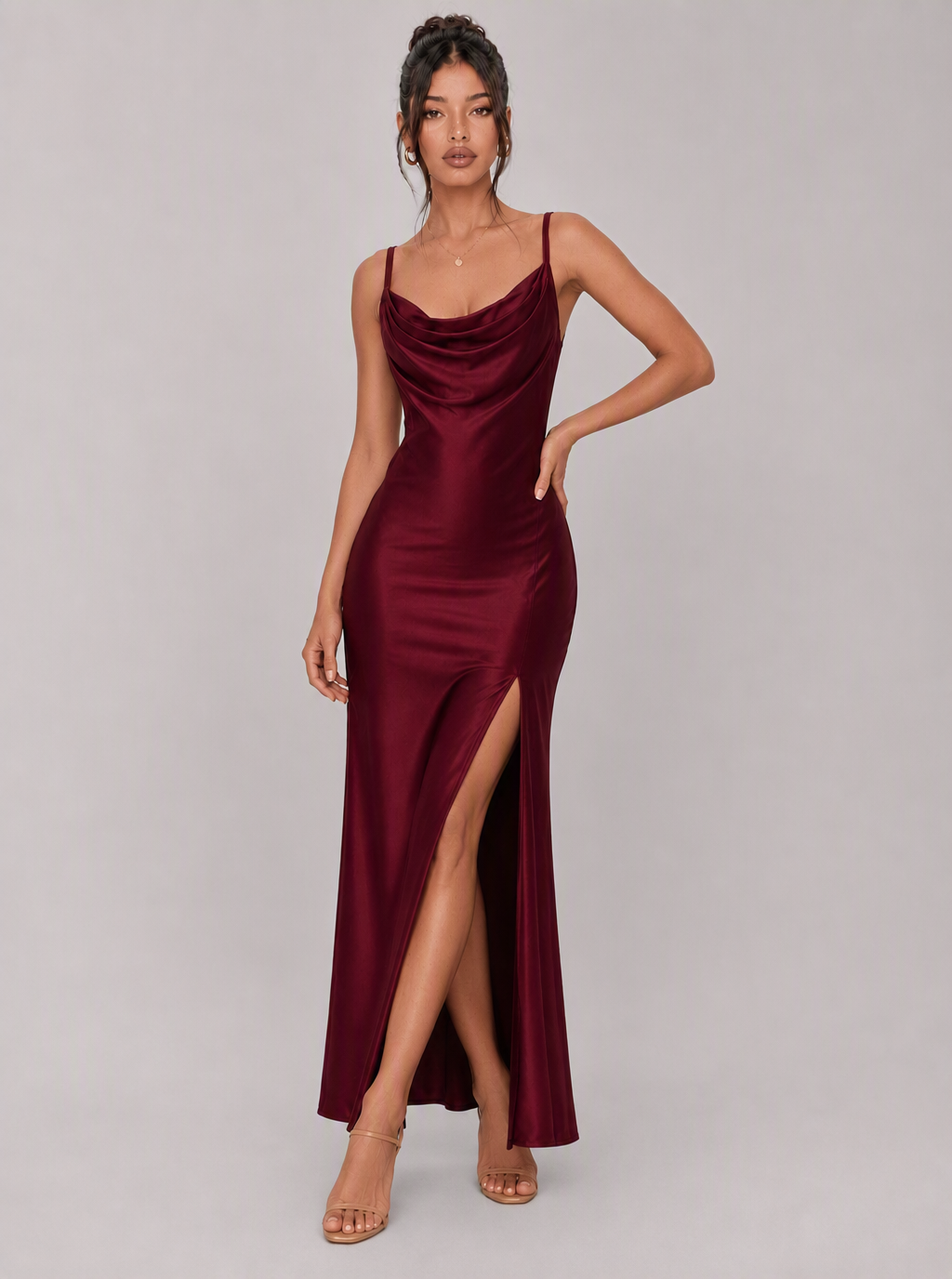 Zephrina Evelina draped satin maxi dress in burgundy