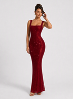 Zephrina Corvina sequin square-neck maxi dress in burgundy
