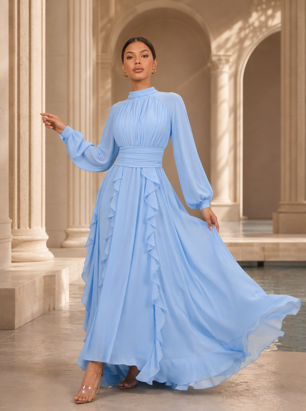 Zephrina Faustine ruffle chiffon maxi dress in blue