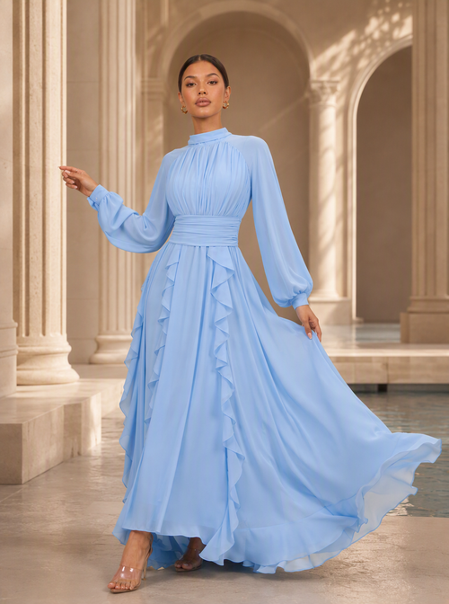 Zephrina Faustine ruffle chiffon maxi dress in blue
