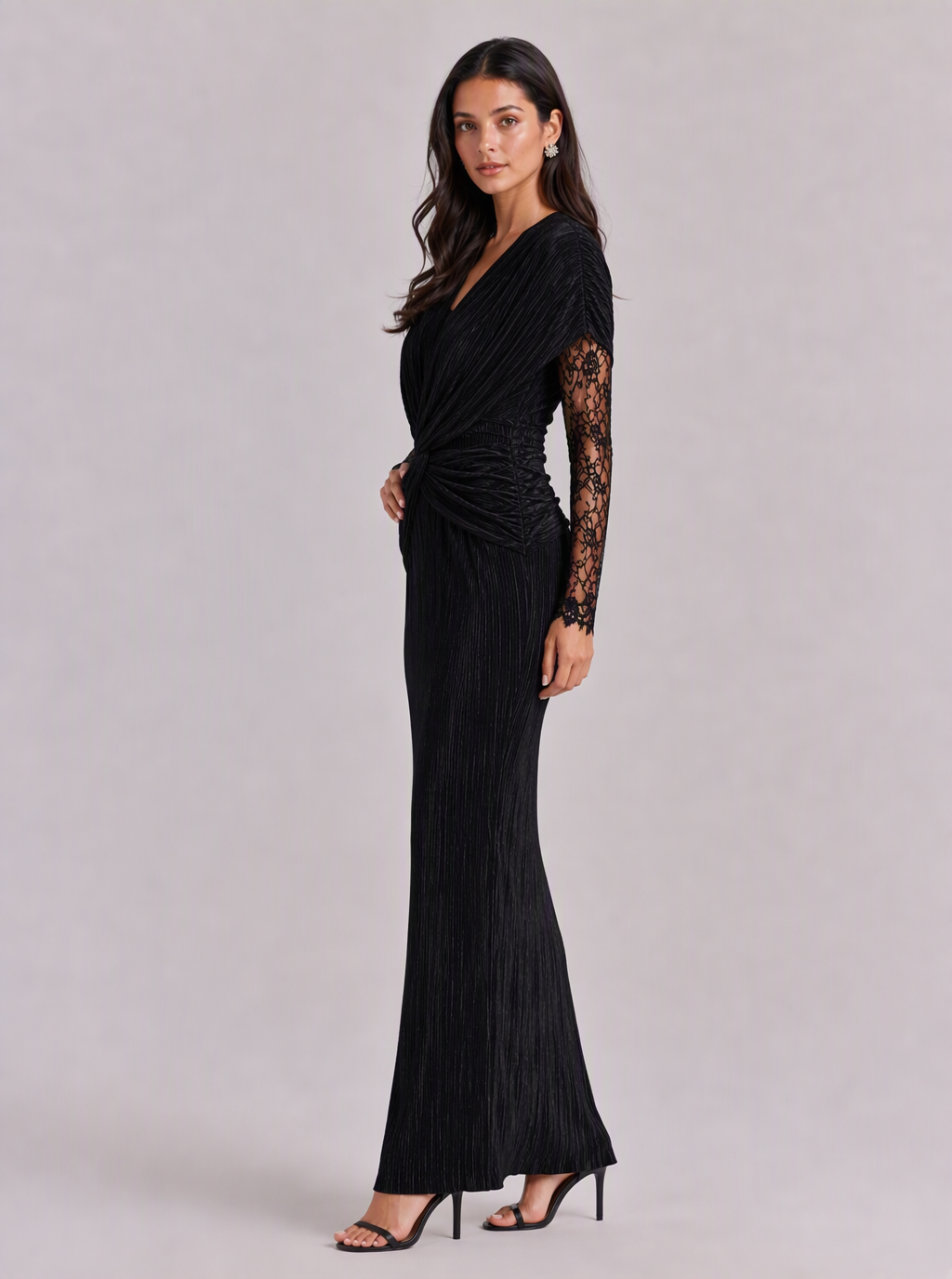 Zephrina Cecile velvet lace-sleeve wrap maxi dress in black