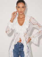 Zephrina Quintessa lace ruffle duster cardigan in white