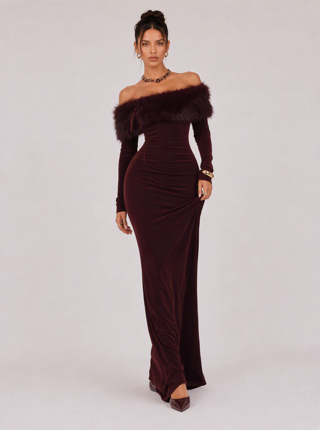 Zephrina Noralise feather-trim knit maxi dress