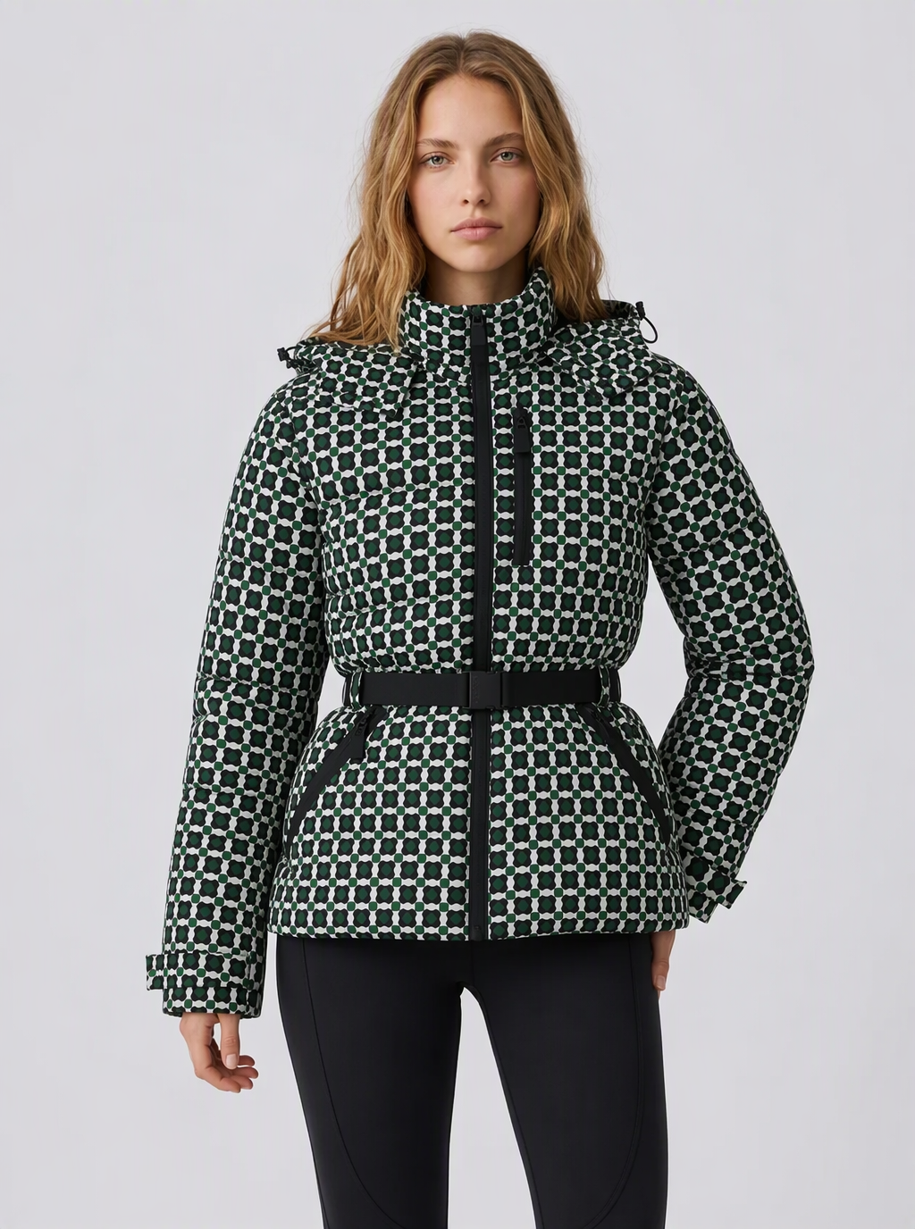 Zephrina Ailsa belted hooded quilted jacket in black and white geometric check