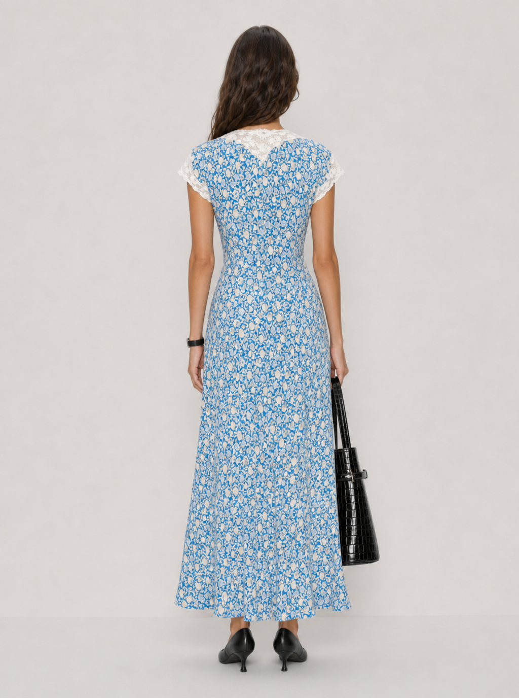 Zephrina blue floral lace-trim maxi dress with cap sleeves