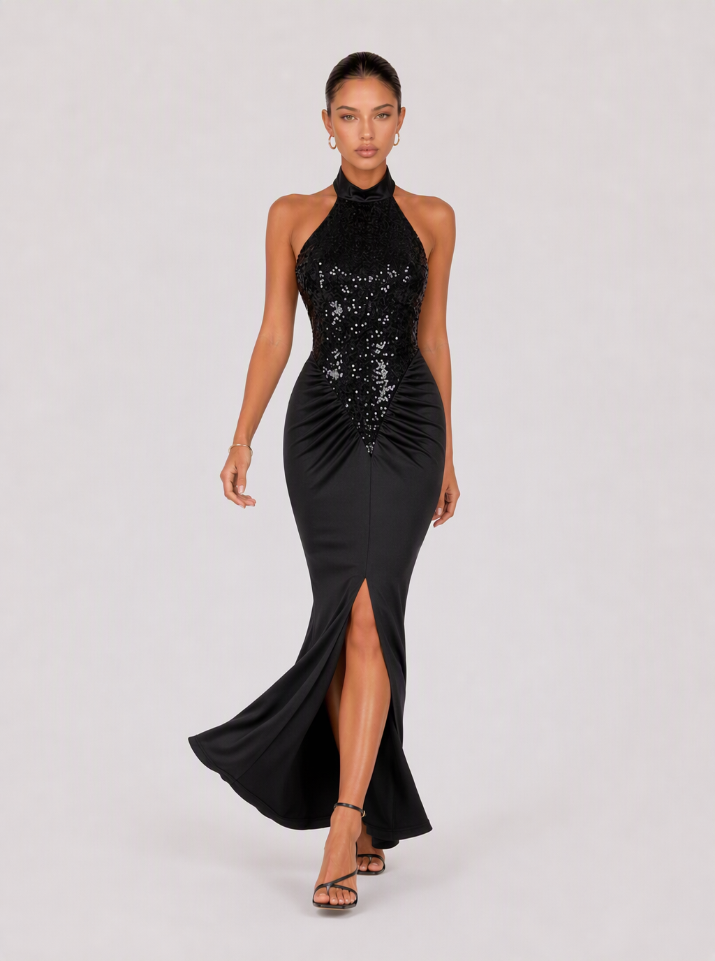 Zephrina Rosalinde sequin-halter slit maxi dress in black