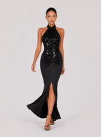 Zephrina Rosalinde sequin-halter slit maxi dress in black