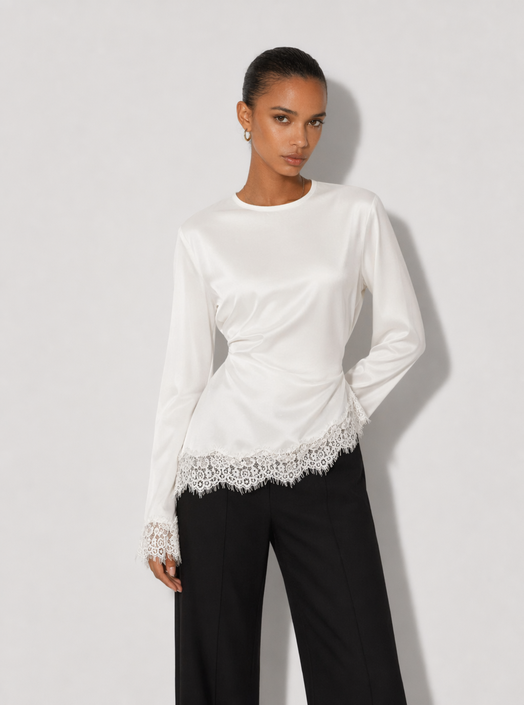 Zephrina Livia lace trim long sleeve top in white