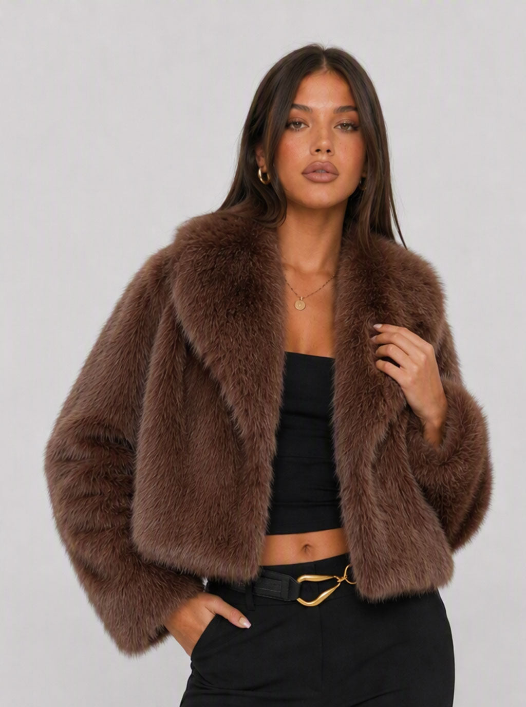Zephrina Violetta cropped faux fur coat in coffee