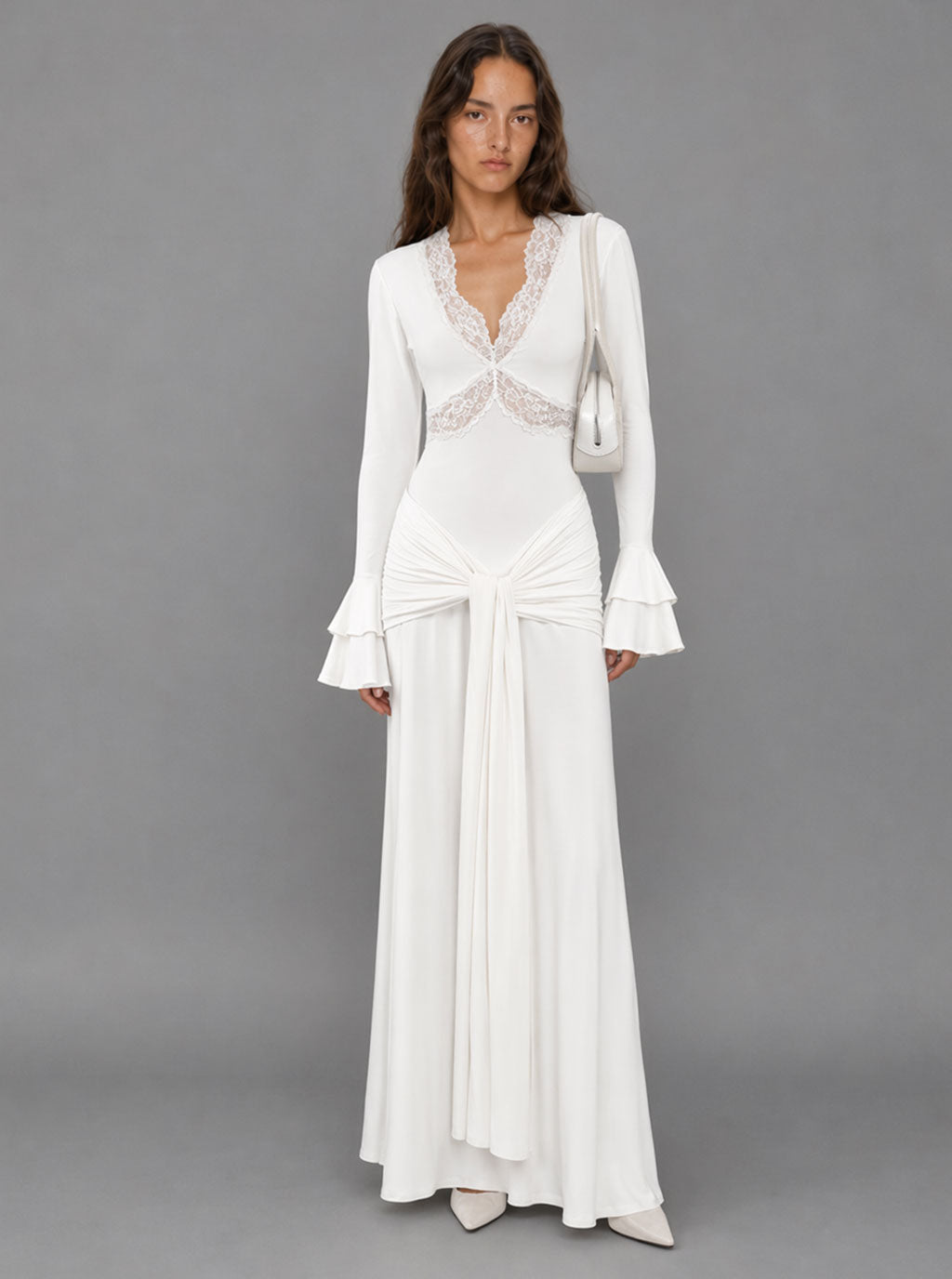 Zephrina lace-trim long-sleeve maxi dress with front drape