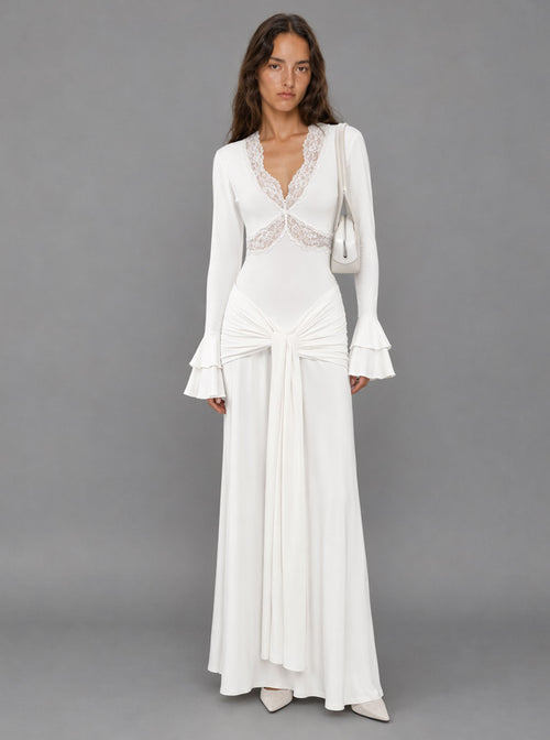 Zephrina lace-trim long-sleeve maxi dress with front drape