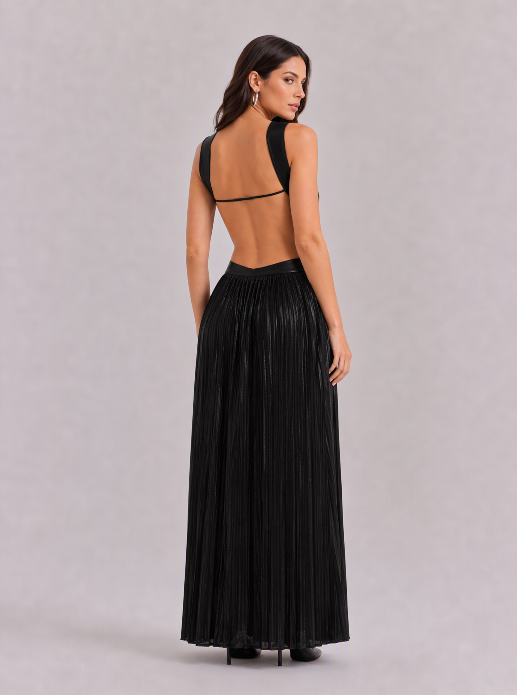 Zephrina Adelheid cutout metallic pleated maxi dress in black