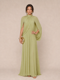 Zephrina Evadne cape-sleeve pleated maxi dress in matcha green