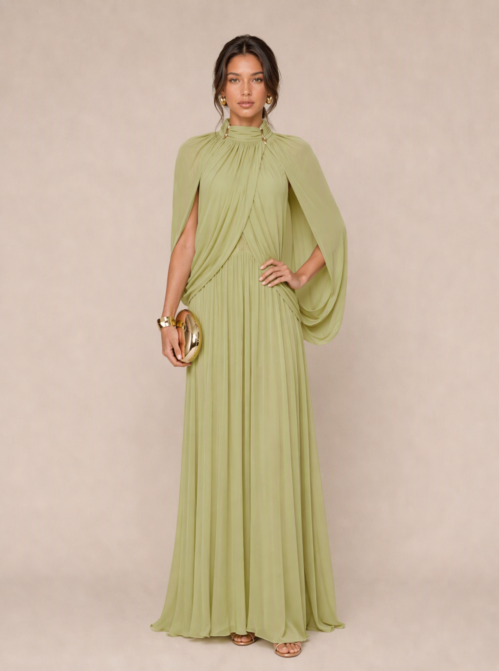 Zephrina Evadne cape-sleeve pleated maxi dress in matcha green