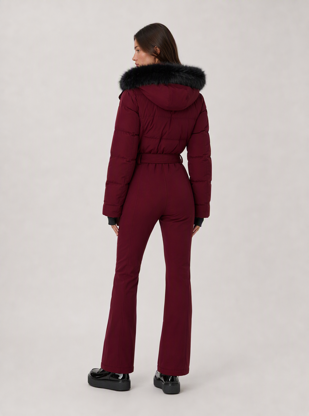 Zephrina Dagny hooded quilted one-piece ski suit in burgundy