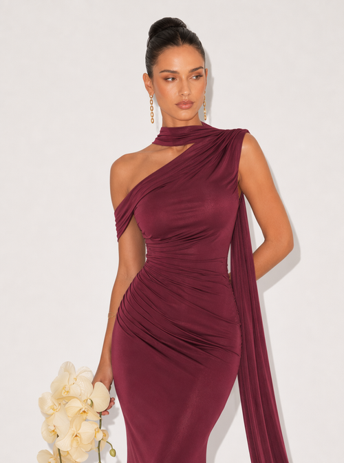 Zephrina one-shoulder scarf-drape satin maxi dress in burgundy