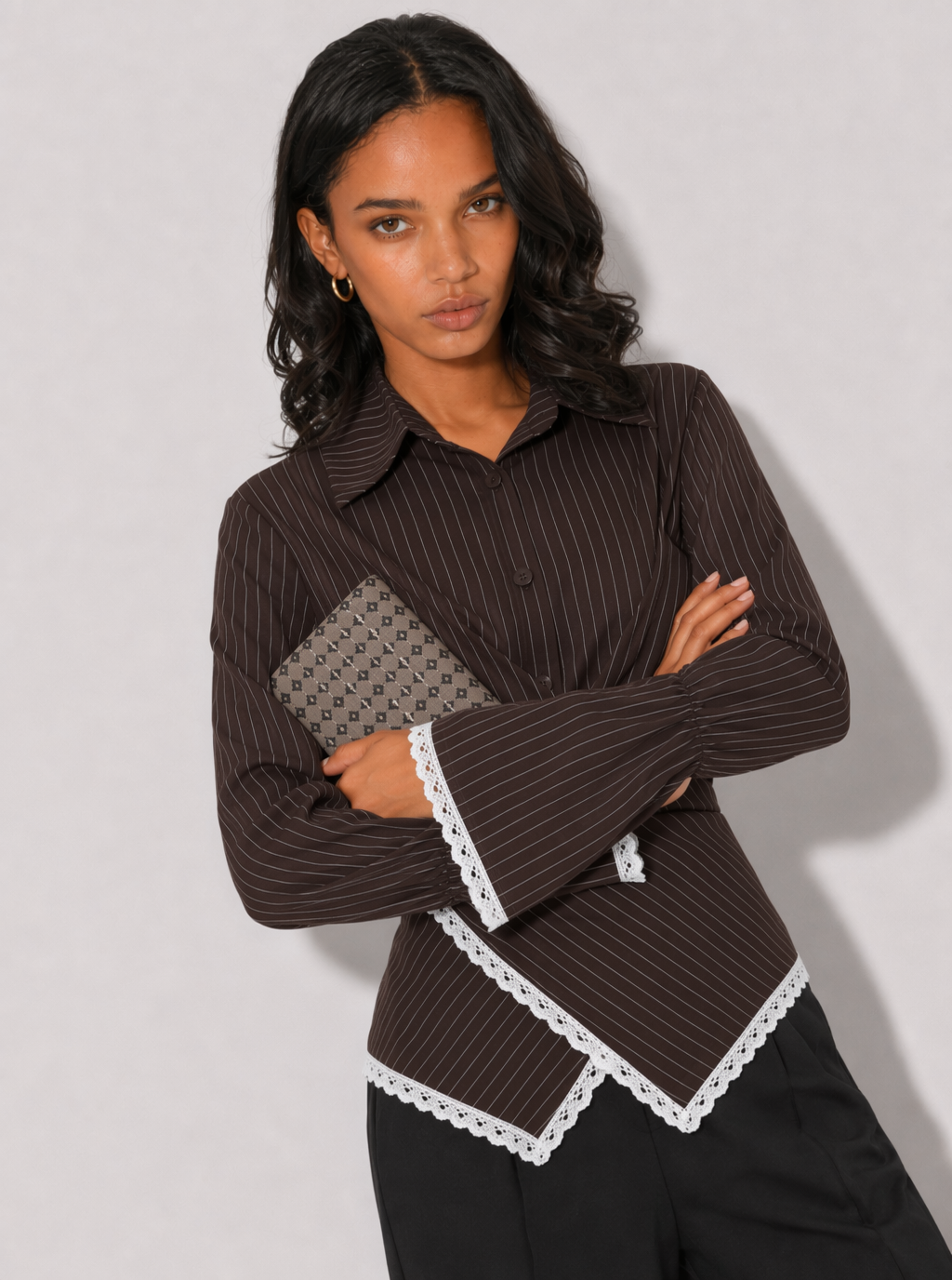 Zephrina Jessamine striped lace-trim blouse in coffee