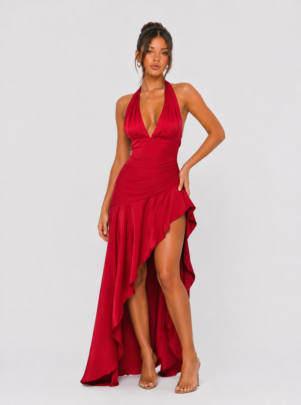 Verena Plunge Halter Ruffle Maxi Dress