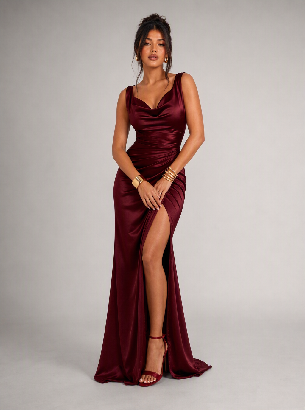 Zephrina Vivia cowl slit maxi dress in burgundy