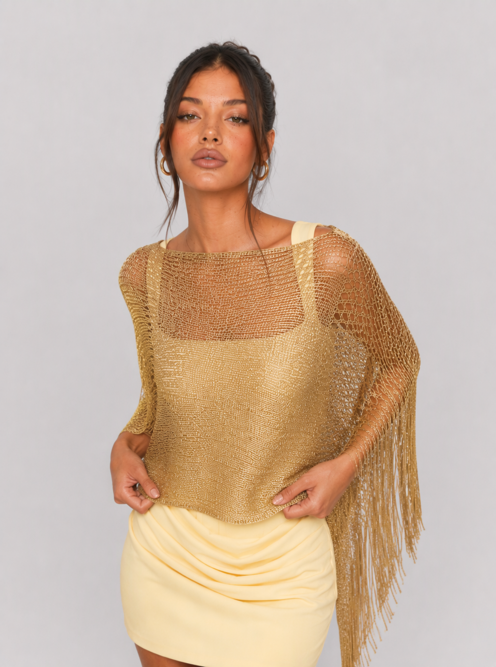 Zephrina Solenne metallic fringe shawl in champagne gold