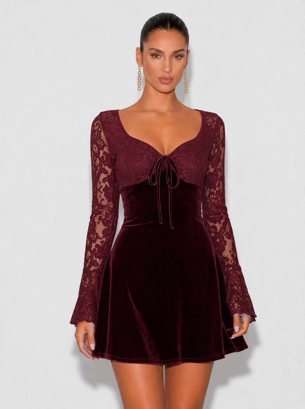 Zephrina Eirlys velvet lace mini dress in burgundy
