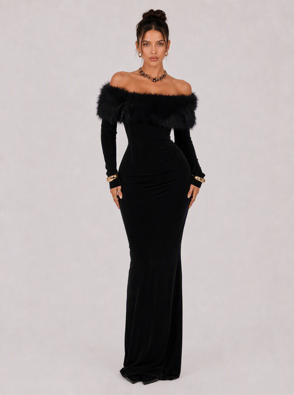 Zephrina Noralise feather-trim knit maxi dress