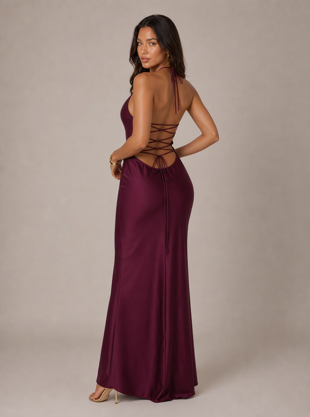 Zephrina Evelora lace-up satin maxi dress
