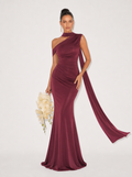 Zephrina one-shoulder scarf-drape satin maxi dress in burgundy