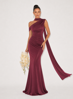 Zephrina one-shoulder scarf-drape satin maxi dress in burgundy